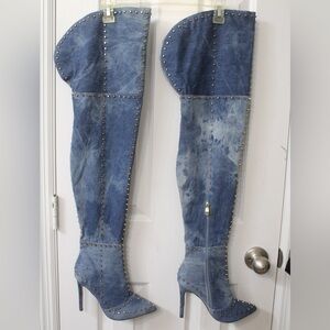 Liliana NEW Size 7 Denim Beaded Stiletto Mid Thigh Over the Knee Boots pull on